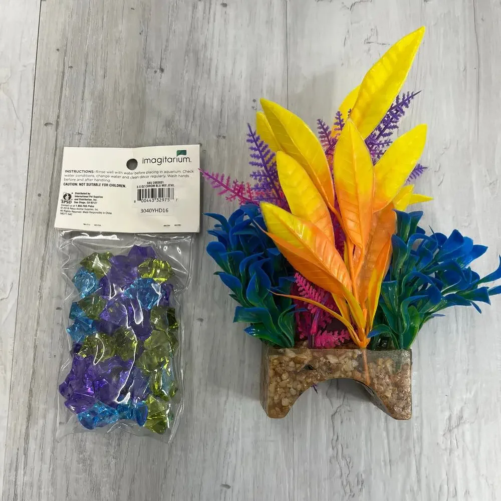 13-Piece Fish Tank Decor Bundle Tiki Palm Tree Vibrant Plants Tropical Bright